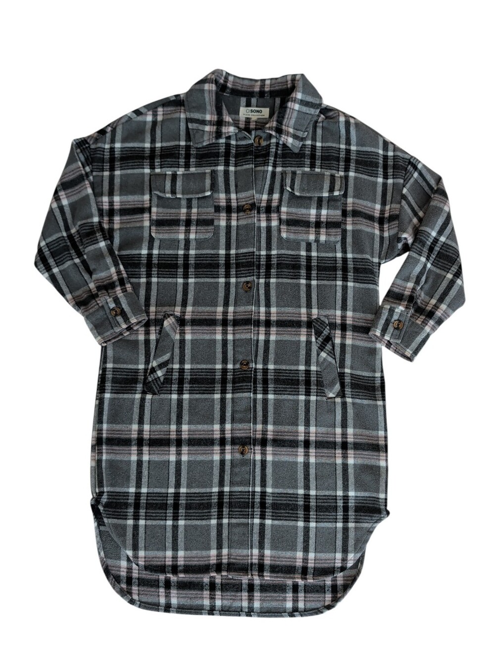 Ci Sono Plaid Collection Flannel Longline High Low Shacket MEDIUM Gray Pink